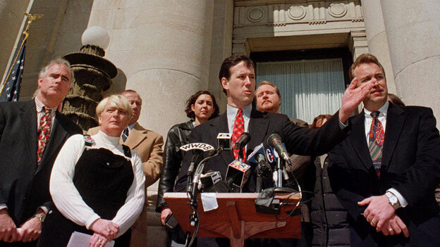 Delaware County District Attorney Patrick Meehan (from left) and Gail Willard (mother of slain athlete Aimee Willard) accompany Sen. Rick Santorum as he introduces "Aimee's Law" along with Republican Arizona Rep. Matt Salmon at the county courthouse in Media, Pa., in 1999. The bill encourages states to keep murderers and sexual predators behind bars. Delaware County District Attorney Patrick Meehan (from left) and Gail Willard (mother of slain athlete Aimee Willard) accompany Sen. Rick Santorum as he introduces "Aimee's Law" along with Republican Arizona Rep. Matt Salmon at the county courthouse in Media, Pa., in 1999. The bill encourages states to keep murderers and sexual predators behind bars.