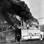 A Freedom Rider bus went up in flames in May 1961 when a firebomb was tossed through a window near Anniston, Ala. Passengers escaped without serious injury.