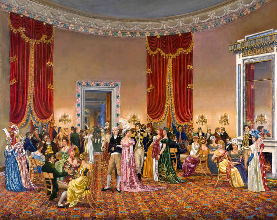 In The Splendid Mrs. Madison, Waddell depicts First Lady Dolley Madison's drawing room, circa 1810–1814. Benjamin H. Latrobe designed the space — but wasn't happy with the curtains: "Oh the terrible velvet curtains!" he wrote. "Their effect will ruin me entirely so brilliant they will be." Click here to explore the painting. In The Splendid Mrs. Madison, Waddell depicts First Lady Dolley Madison's drawing room, circa 1810–1814. Benjamin H. Latrobe designed the space — but wasn't happy with the curtains: "Oh the terrible velvet curtains!" he wrote. "Their effect will ruin me entirely so brilliant they will be." Click here to explore the painting.