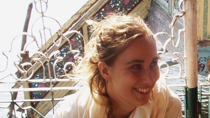 The author, photographed on a Kashmiri houseboat.