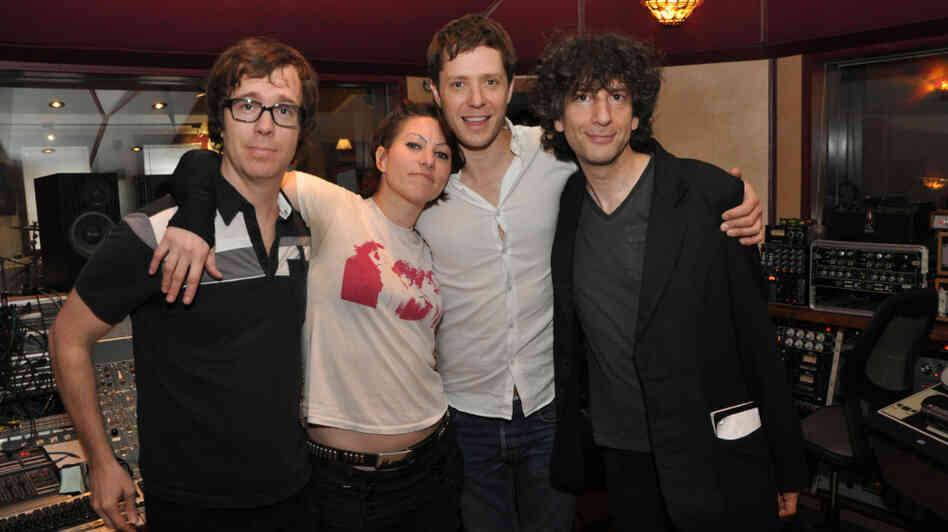 The four who tried to write and record eight songs in eight hours: Ben Folds, Amanda Palmer, Damian Kulash and Neil Gaiman. The four who tried to write and record eight songs in eight hours: Ben Folds, Amanda Palmer, Damian Kulash and Neil Gaiman.