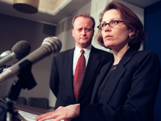 Then-state Sen. Michele Bachmann, shown with state Sen. Warren Limmer in 2001. As a state senator, Bachmann was known for taking stands on controversial cultural issues, like abortion and gay marriage.