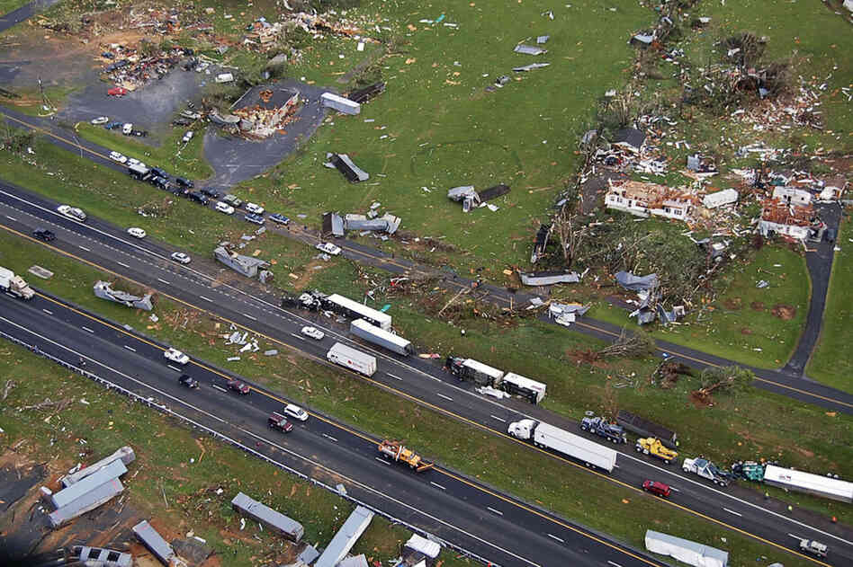 A police aerial photo shows damaged buildings in Glade Spring, Va. 