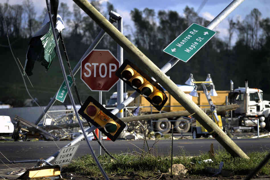 Downed traffic lights are seen near I-81 following a tornado in Glade Spring, Va. Several homes and truck-stops along I-81 were severly damaged. 