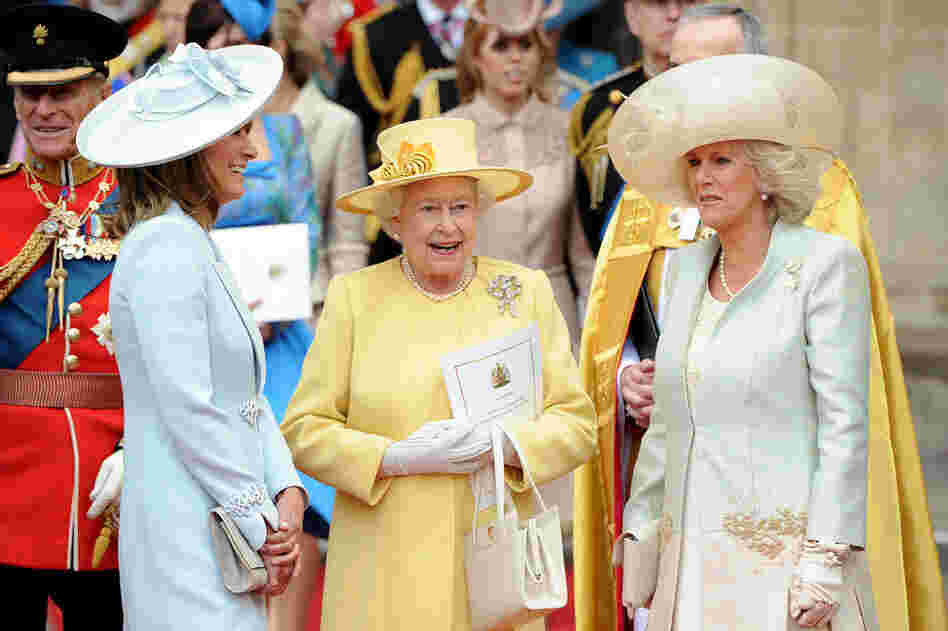 Carole Middleton (from left), Queen Elizabeth II and Camilla, Duchess of Cornwall, exit Westminster Abbey. 