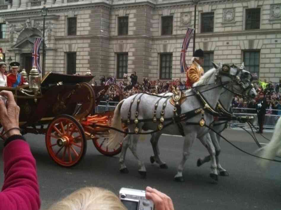 Part of Kate Middleton, Prince William, and mostly the horses roll by the royal wedding crowds. Part of Kate Middleton, Prince William, and mostly the horses roll by the royal wedding crowds.