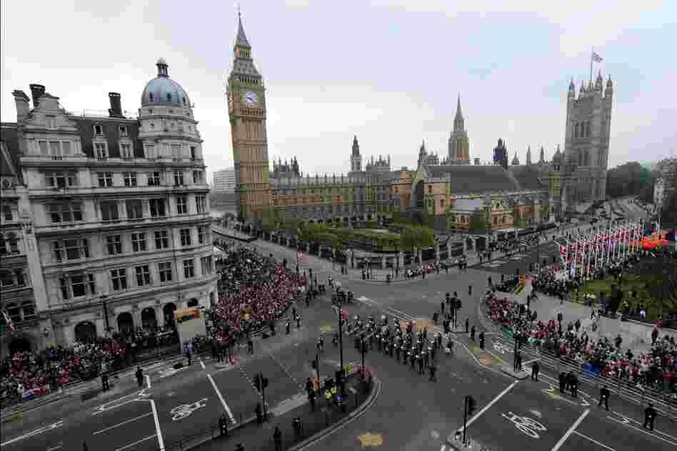 Military bands play in Parliament Square before the wedding. 