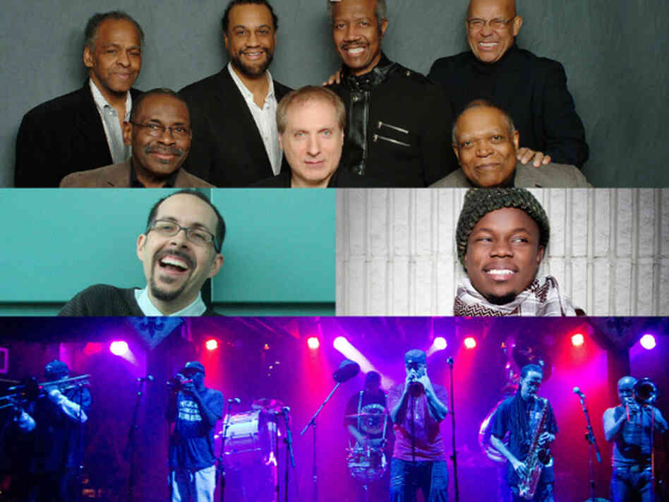 Clockwise from top: The Cookers, Ambrose Akinmusire, Rebirth Brass Band, John Hollenbeck.