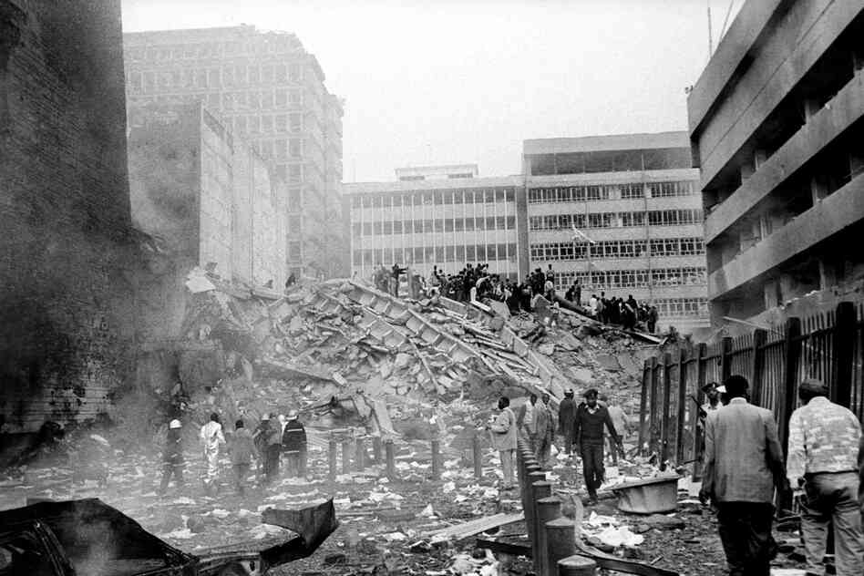 Simultaneous car bomb explosions linked to local al-Qaida cells destroyed the U.S. embassies in Nairobi and Dar es Salaam, Tanzania, on Aug. 7, 1998. The attacks, killing more than 300 and injuring more than 4,000, mark the beginning of international attention on Osama bin Laden. 
