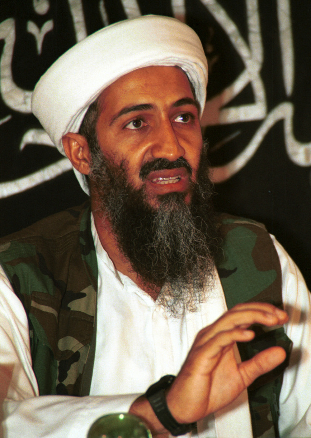 In this 1998 file photo made available in March 2004, Osama bin Laden speaks to journalists in Khost, Afghanistan. On Sunday, U.S. President Obama announced that bin Laden is dead.