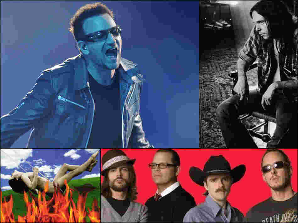 Clockwise from top left: U2, Neil Young, Weezer, Paula Cole. Clockwise from top left: U2, Neil Young, Weezer, Paula Cole.