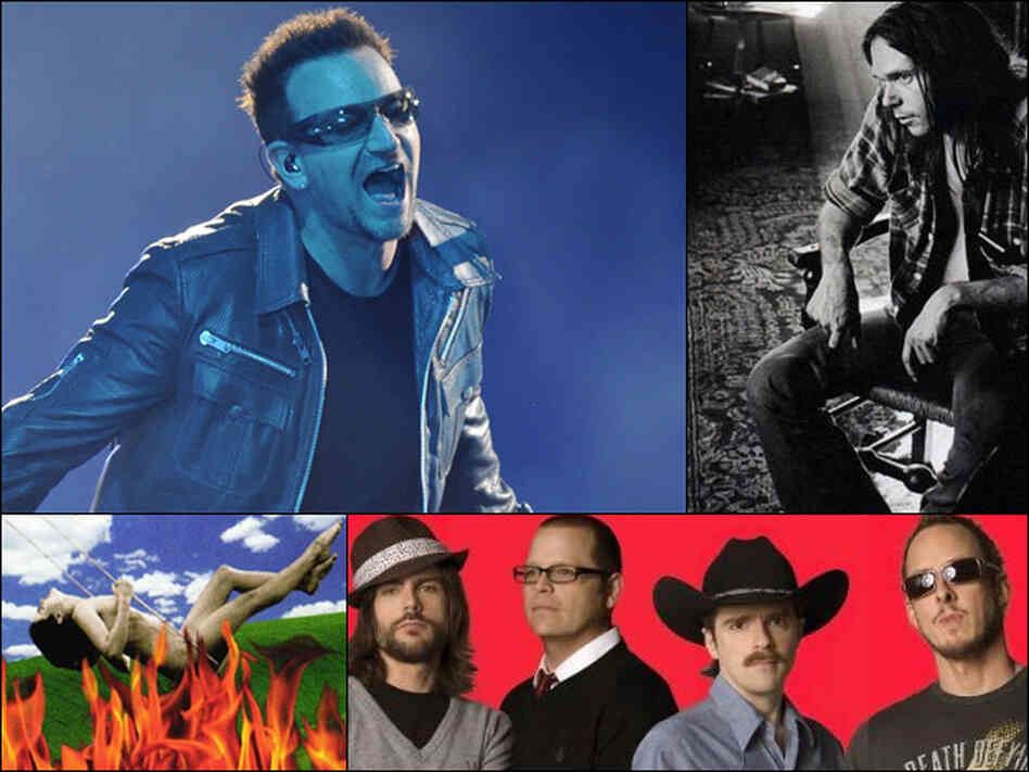 Clockwise from top left: U2, Neil Young, Weezer, Paula Cole. Clockwise from top left: U2, Neil Young, Weezer, Paula Cole.