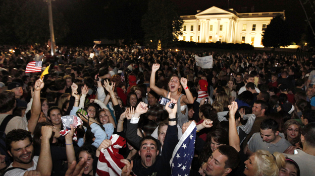 A crowd gathers outside the White House early Monday to celebrate President Obama's announcement that U.S. forces killed Osama bin Laden.