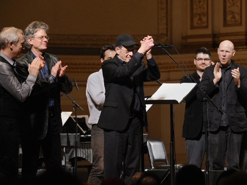 Steve Reich takes a bow at his 75th birthday concert at Carnegie Hall alongside members of the Kronos Quartet and So Percussion.