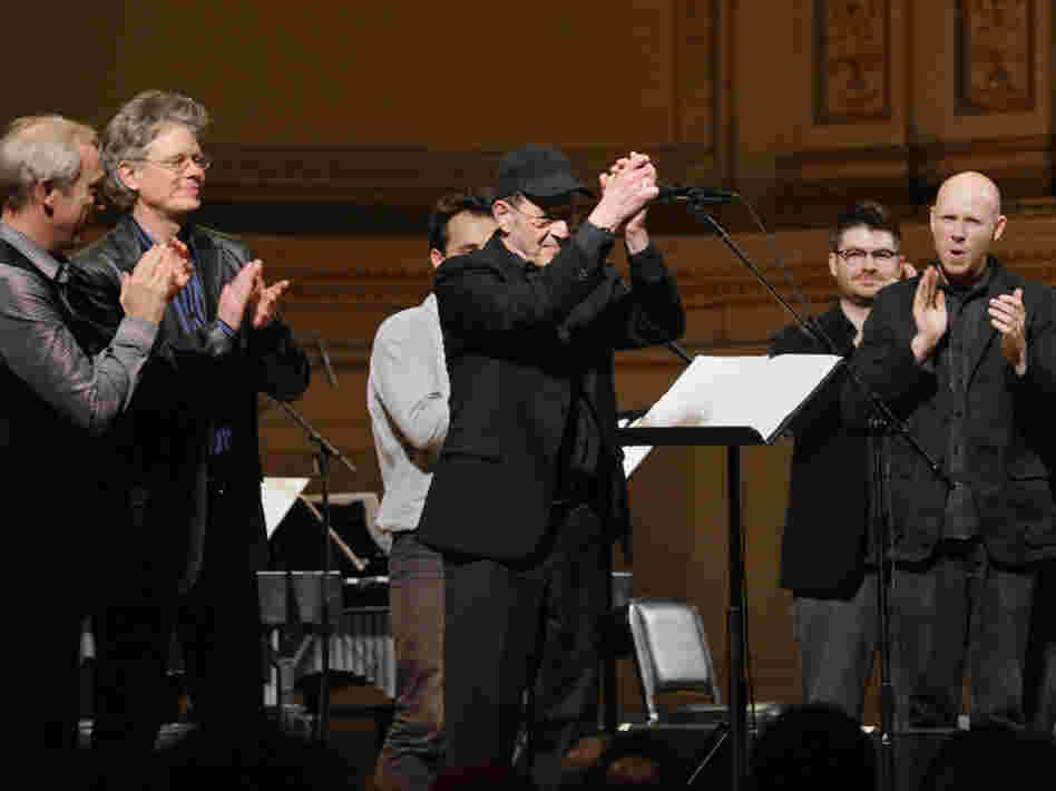 Steve Reich takes a bow at his 75th birthday concert at Carnegie Hall alongside members of the Kronos Quartet and So Percussion.