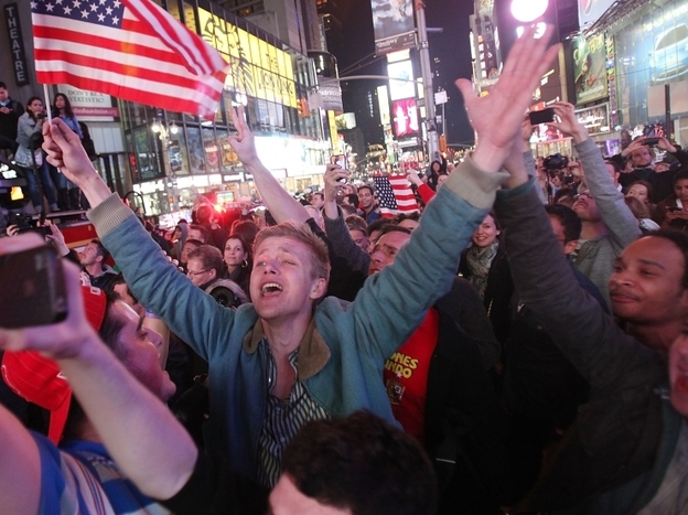 Crows of people celebrate in Times Square after the death of Osama bin Laden. A U.S. operation killed the Sept. 11 mastermind outside Islamabad.