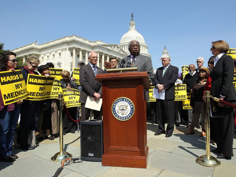 Assistant House Minority Leader Rep. James Clyburn (D-SC) speaks at a news conference on Capitol Hill in April.  House Democrats called on the Republicans not to end Medicare.