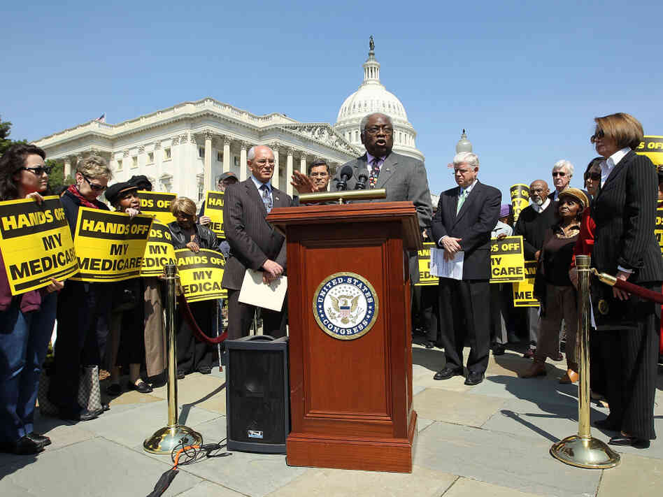 Assistant House Minority Leader Rep. James Clyburn (D-SC) speaks at a news conference on Capitol Hill in April.  House Democrats called on the Republicans not to end Medicare.