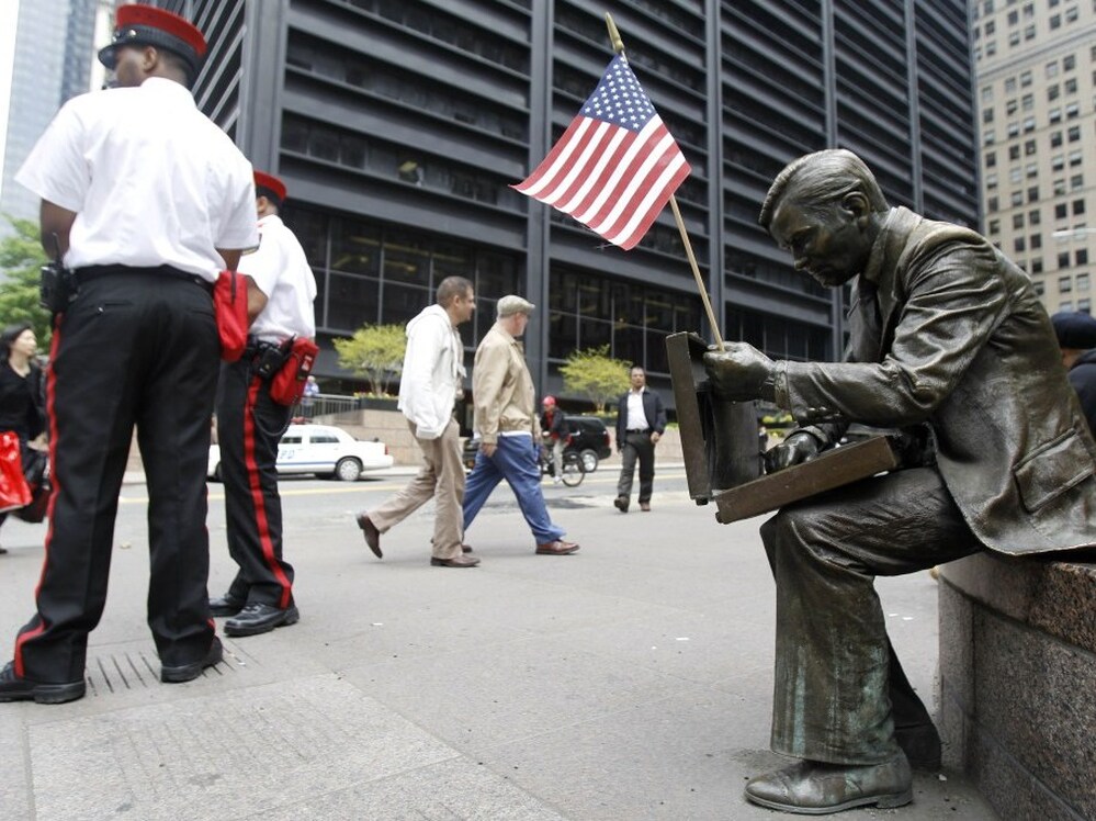 An American flag was placed on a statue near Ground Zero memorializing 9-11, May 3, 2011.