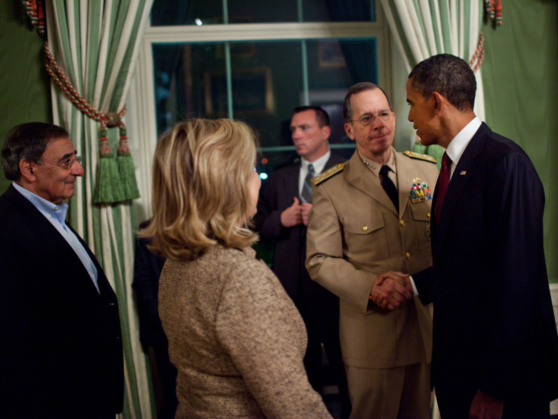 President Obama and Adm. Mike Mullen, Joint Chiefs chair, shake hands following the president's announcement that U.S. forces killed Osama bin Laden, May 1, 2011.