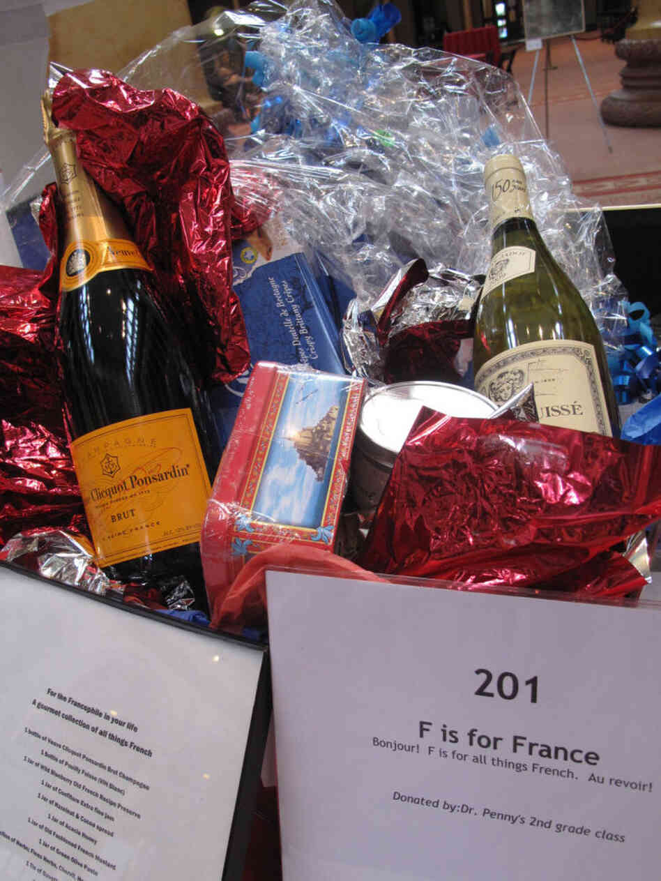 A basket of French items is  showcased at John Eaton Elementary School's recent auction in Washington, D.C.