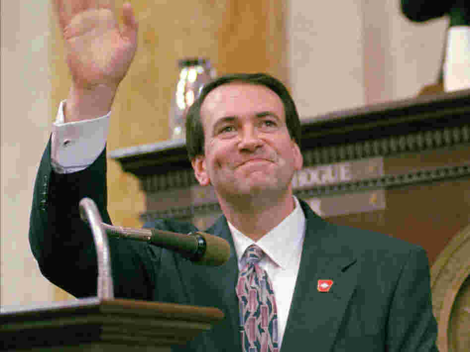 Huckabee, after taking the oath of office at the state Capitol in Little Rock in 1996. He became governor after the resignation of Jim Guy Tucker in the wake of Tucker's Whitewater convictions.