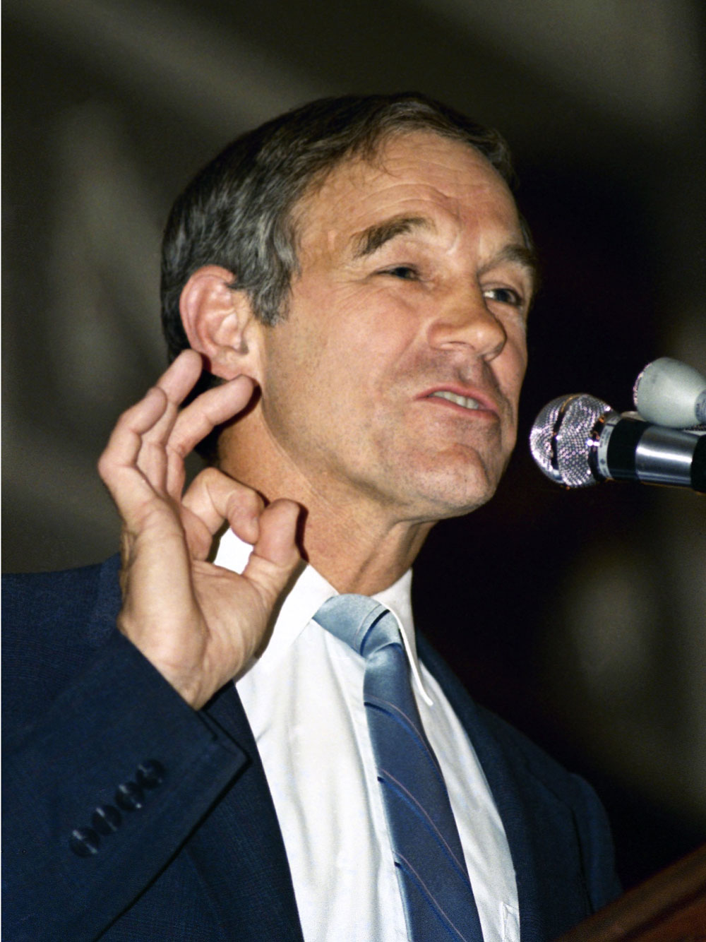 In 1988, then-Libertarian Party presidential candidate Ron Paul speaks at a rally at Boston's Faneuil Hall.