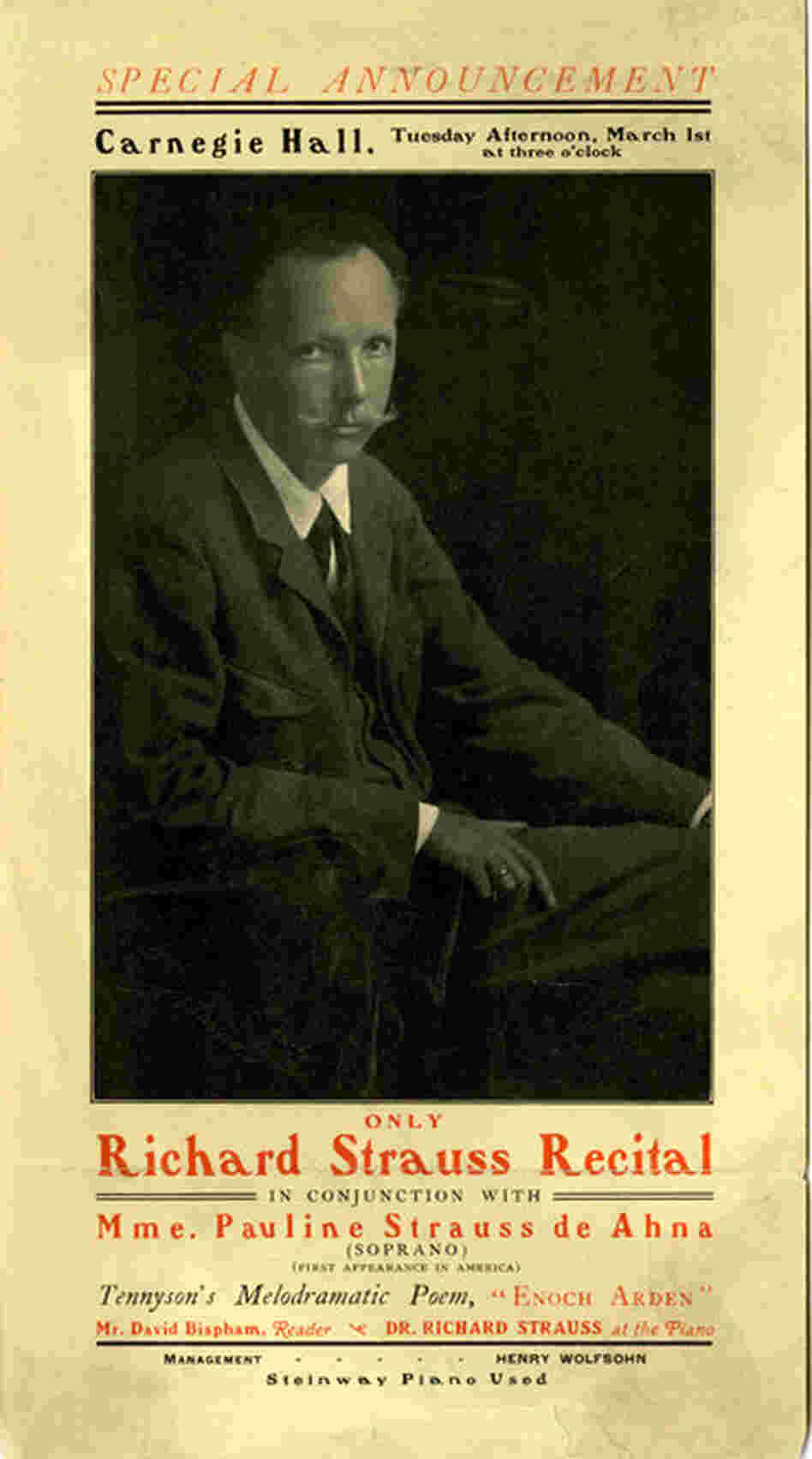 1904: Richard Strauss' New York recital, a year before his opera Salome was closed down after one performance at the Metropolitan Opera: "Many Disgusted by the Dance and the Kissing of the Dead Head," as the New York Times noted at the time.