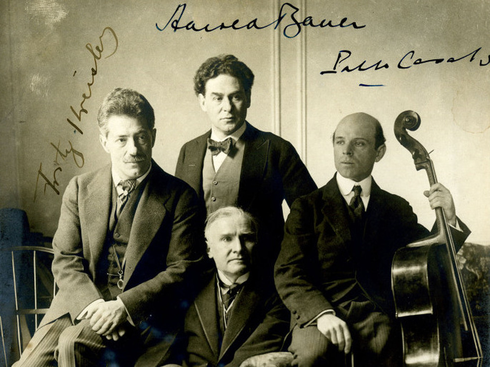 Cellist Pablo Casals, violinist Fritz Kreisler, pianist Harold Bauer and conductor Walter  Damrosch in 1904.