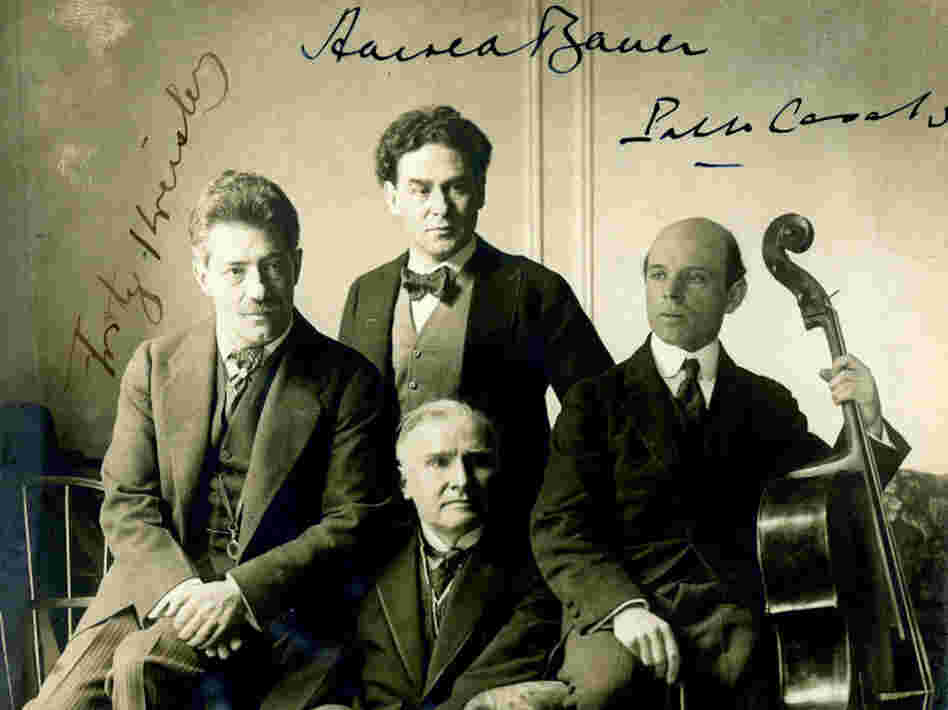 Cellist Pablo Casals, violinist Fritz Kreisler, pianist Harold Bauer and conductor Walter  Damrosch in 1904.