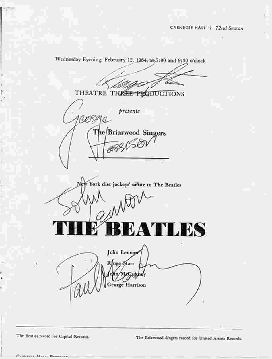 1964: A signed momento from The Beatles' two 35-minute sets at Carnegie Hall on February 12, a night squeezed in between their legendary appearances on The Ed Sullivan Show.