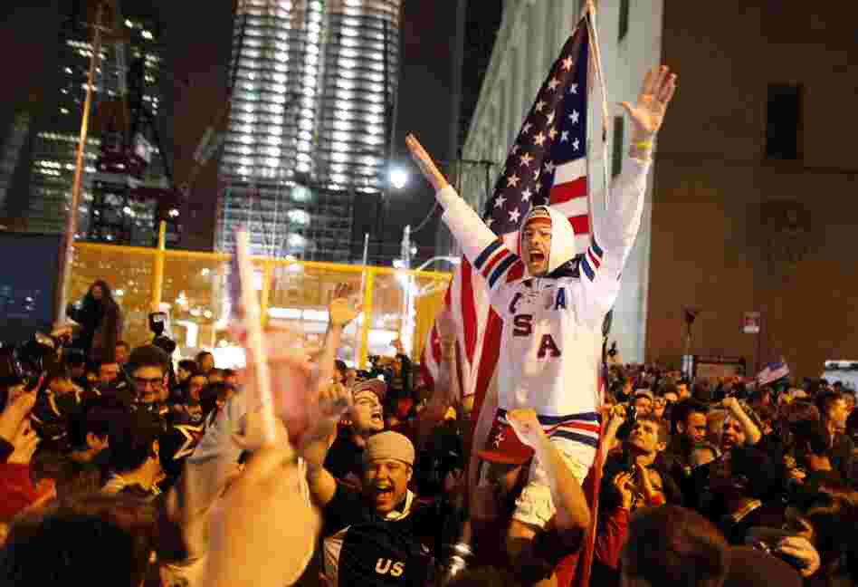 A jubilant crowd near ground zero reacts to the news of Osama bin Laden's death in the early-morning hours of May 2. 