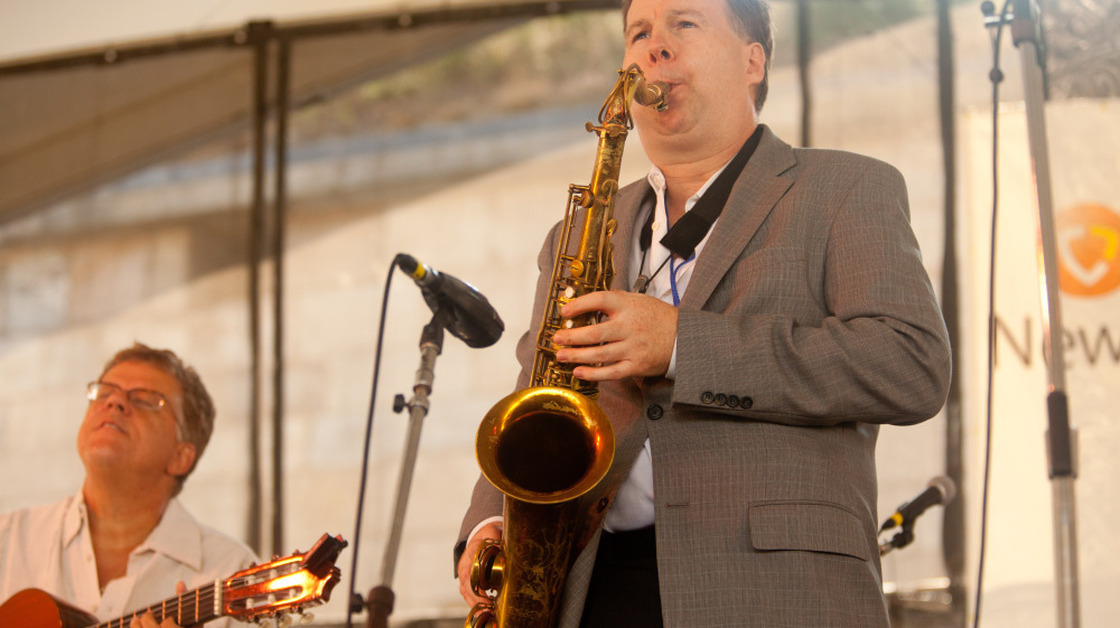 Tenor saxophonist Harry Allen (right) performs with Trio da Paz at the Newport Jazz Festival.