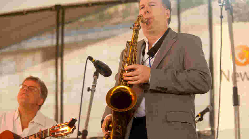 Tenor saxophonist Harry Allen (right) performs with Trio da Paz at the Newport Jazz Festival.