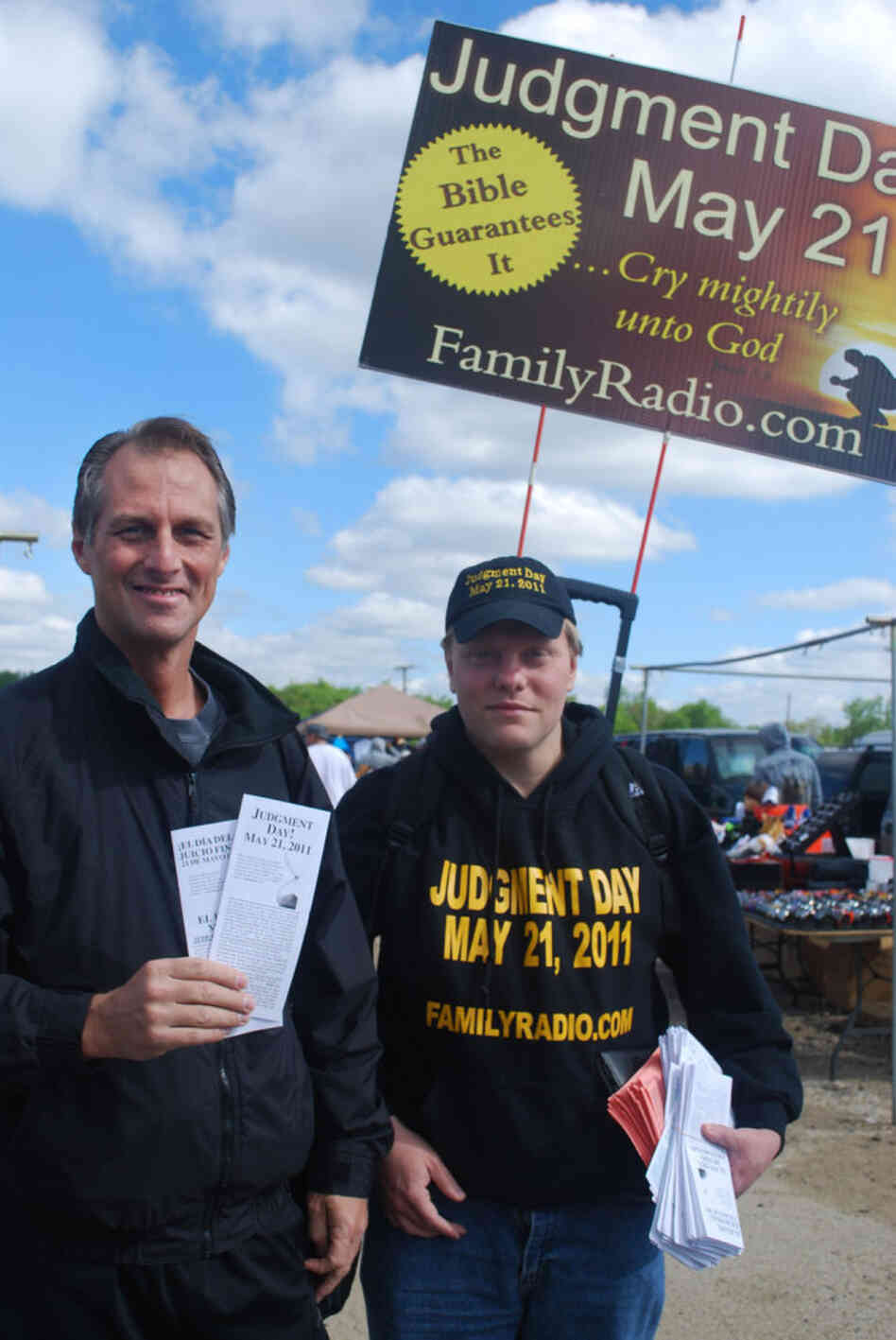 Brian Haubert (right) and Kevin Brown hand out Judgment Day pamphlets in Palmyra, N.J. Brian Haubert (right) and Kevin Brown hand out Judgment Day pamphlets in Palmyra, N.J.
