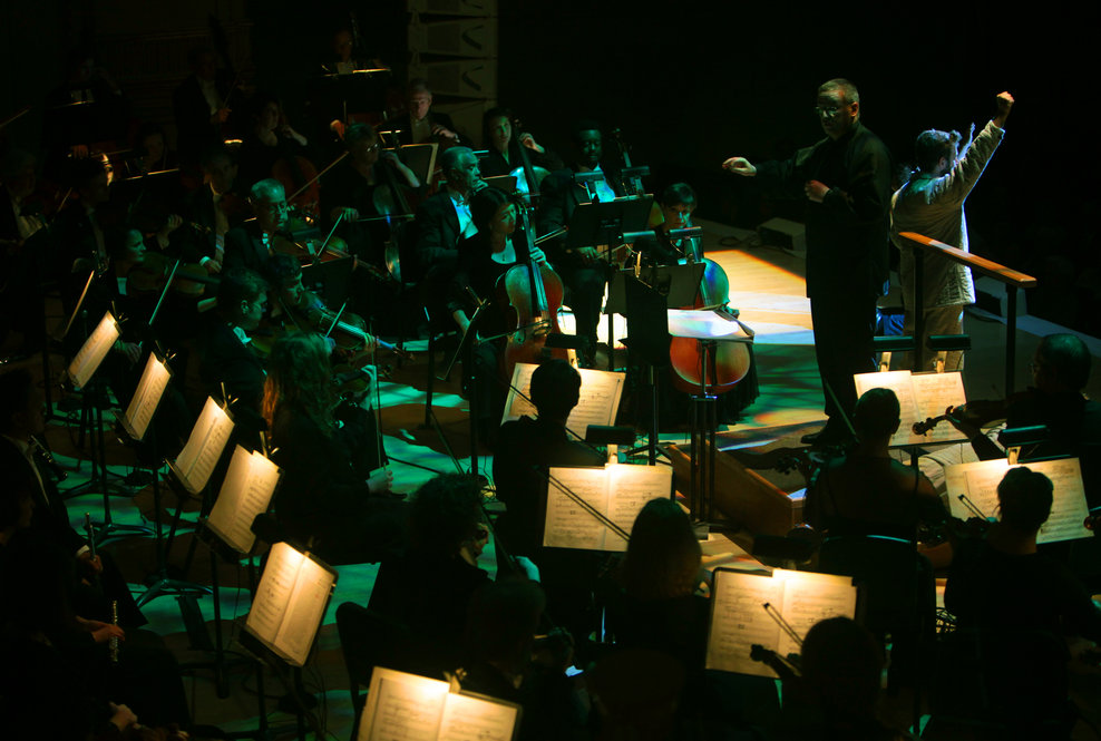 Pete Cross, right, performs "Every Good Boy Deserves Favour" by Tom Stoppard and Andre Previn  withThe Toledo Symphony alongside Stefan Sanderling, Principal Conductor during the second half of the Spring for Music festival at Carnegie Hall in Manhattan, New York on May 07, 2011.  