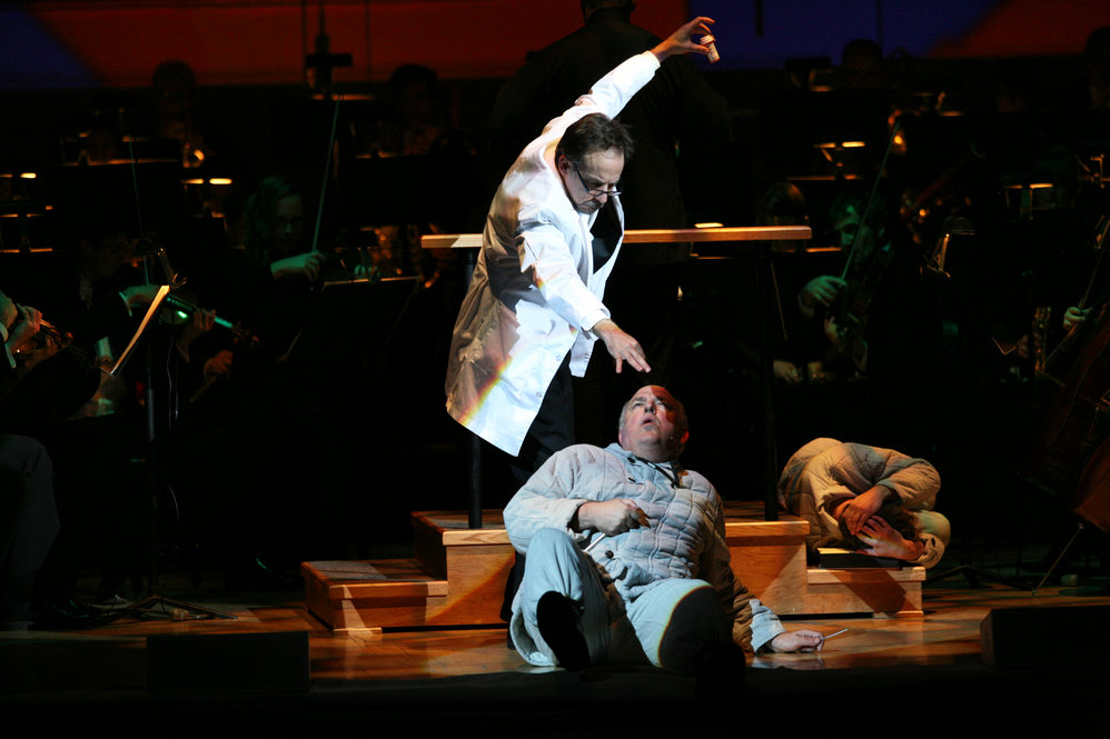 Benjamin Pryor, left, and David De Christopher, right, performing "Every Good Boy Deserves Favour" by Tom Stoppard and Andre Previn during the Toledo Symphony with Stefan Sanderling, Principal Conductor during the second half of the Spring for Music festival at Carnegie Hall in Manhattan, New York on May 07, 2011. 