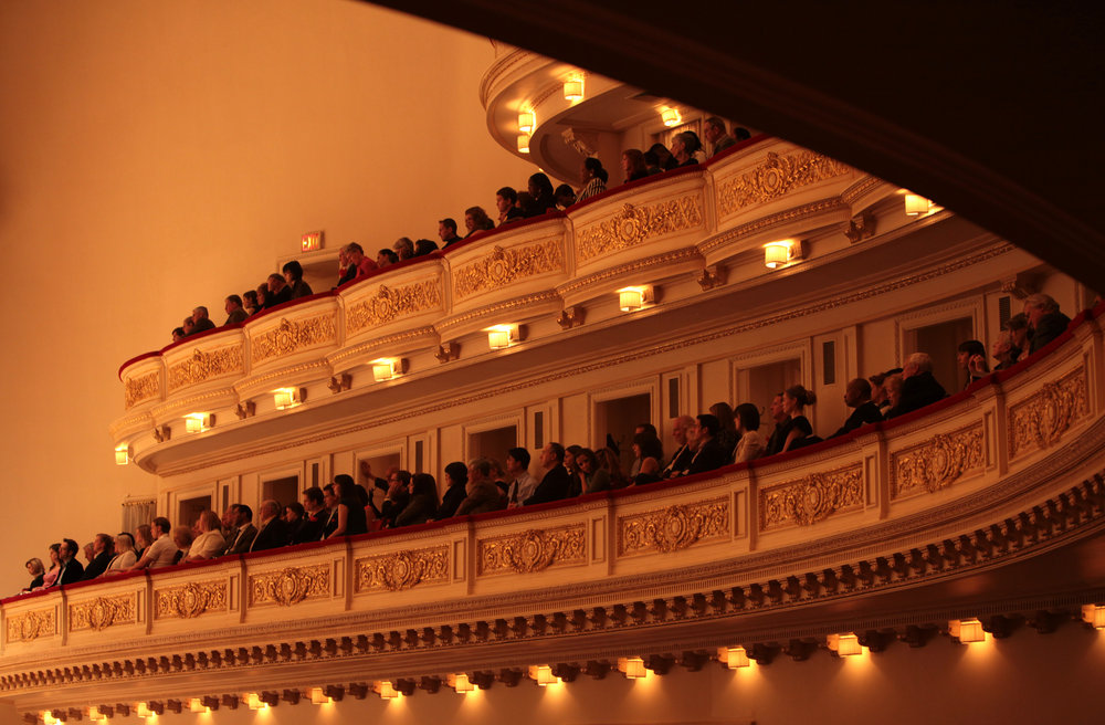 The audience watches the Toledo Symphony with Stefan Sanderling, Principal Conductor, performing "Symphony No.6 in B minor, Op. 54" by Dmitri Shostakovich during the first half of the Spring for Music festival at Carnegie Hall in Manhattan, New York on May 07, 2011. 