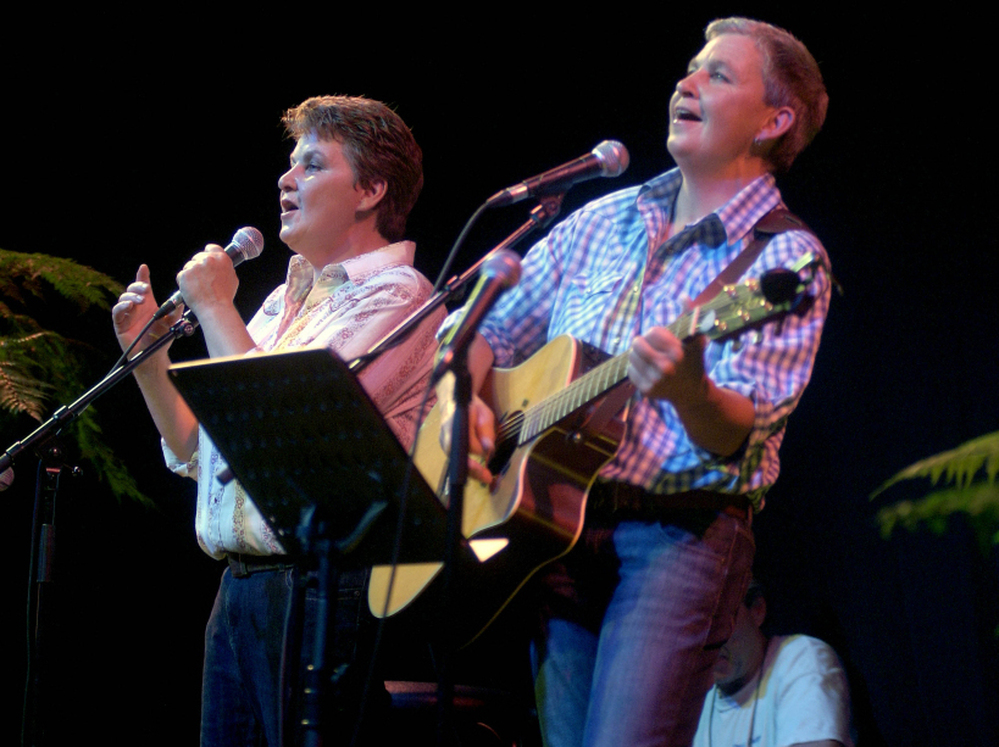 Lynda (left) and Jools use goofy characters in their folk act to highlight political and social causes.