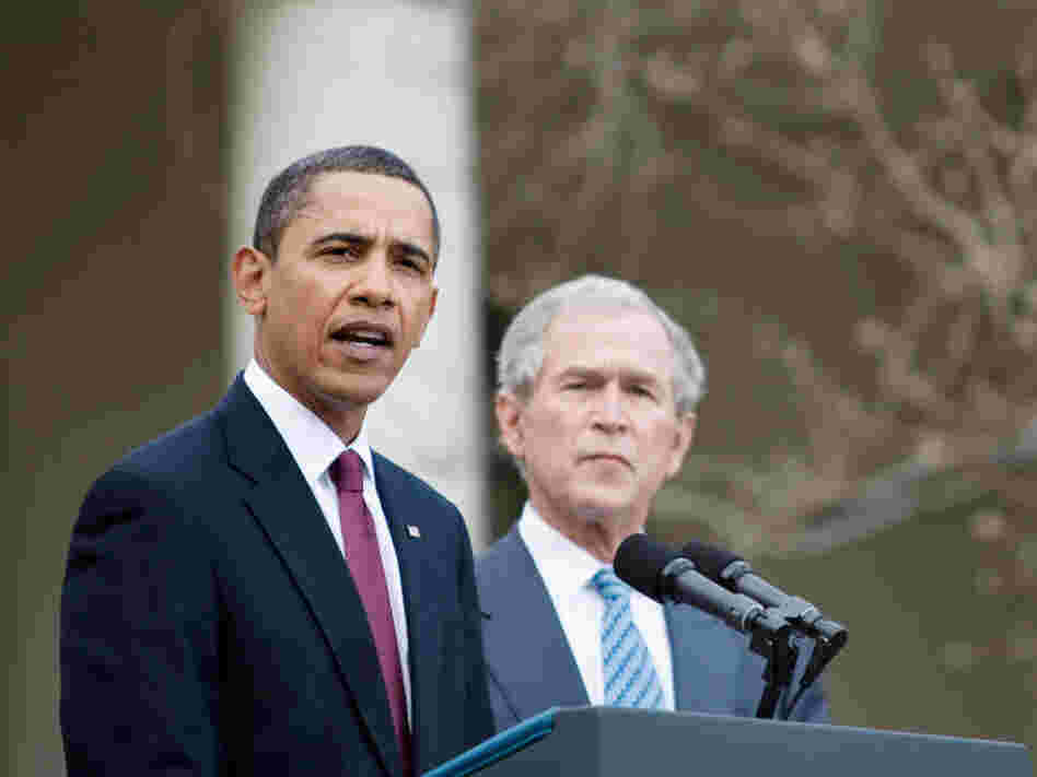 President Obama speaks about the efforts to coordinate American charitable aid to the earthquake victims in Haiti as former Presidents George W. Bush and Bill Clinton (not pictured) listen in the Rose Garden of the White House Jan. 16, 2010. President Obama speaks about the efforts to coordinate American charitable aid to the earthquake victims in Haiti as former Presidents George W. Bush and Bill Clinton (not pictured) listen in the Rose Garden of the White House Jan. 16, 2010.