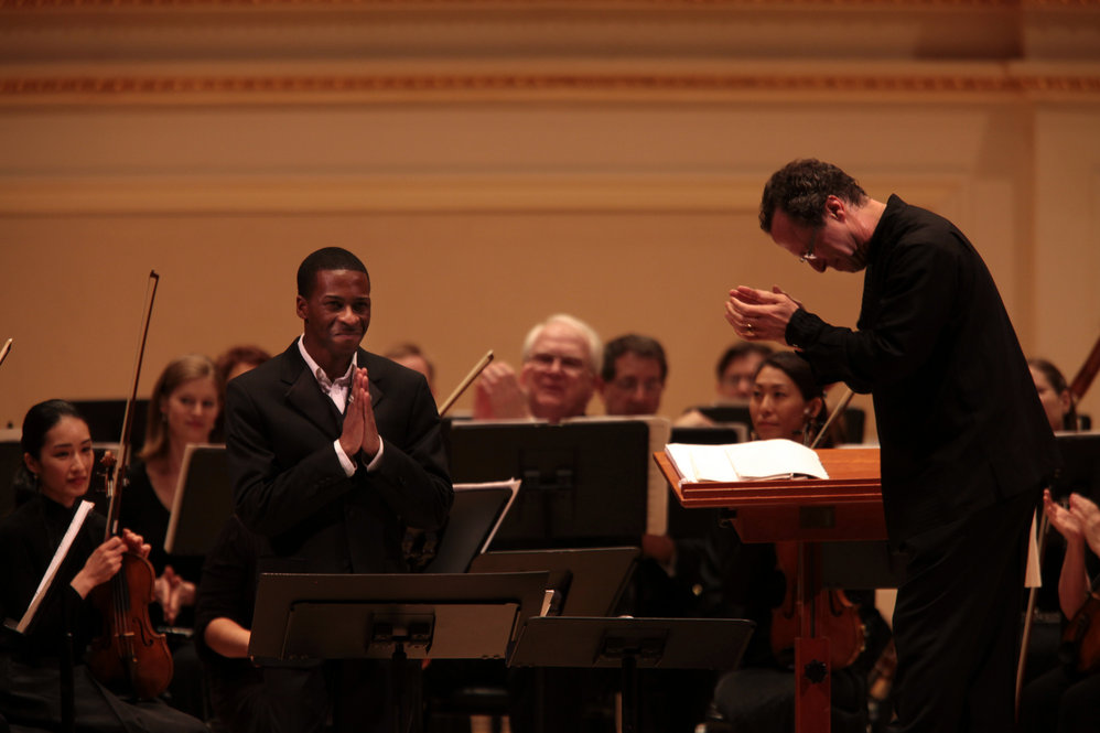 Baritone Nathan De'Shon Myers reacts to a standing ovation at Carnegie Hall's Spring for Music festival.