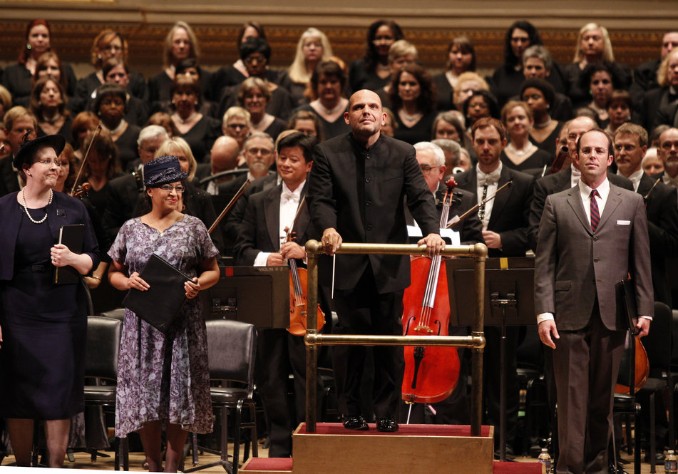 (Left to right) Mezzo-soprano Kristine Jepson, soprano Indira Mahajan, conductor Jaap van Zweden and Tenor Vale Rideout take the stage along with members of the Dallas Symphony Orchestra and Chorus.