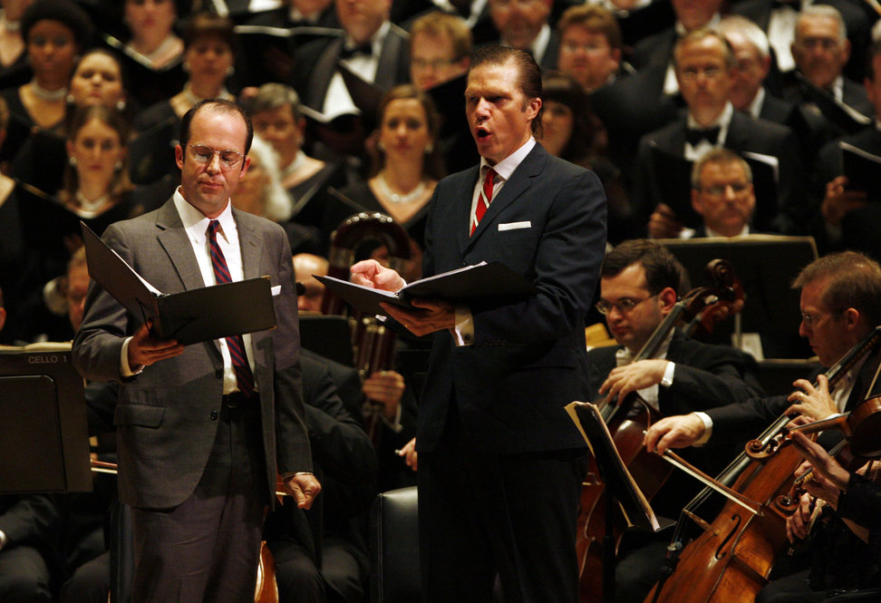Tenor Vale Rideout (left) sings the role of defense secretary Robert McNamara and Baritone Rod Gilfry (right) portrays President Johnson at the Spring for Music festival at Carnegie Hall.