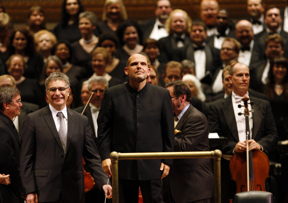 Librettist Gene Scheer and Dallas Symphony music director Jaap van Zweden take a bow at the conclusion of Steven Stucky's "August 4, 1964."