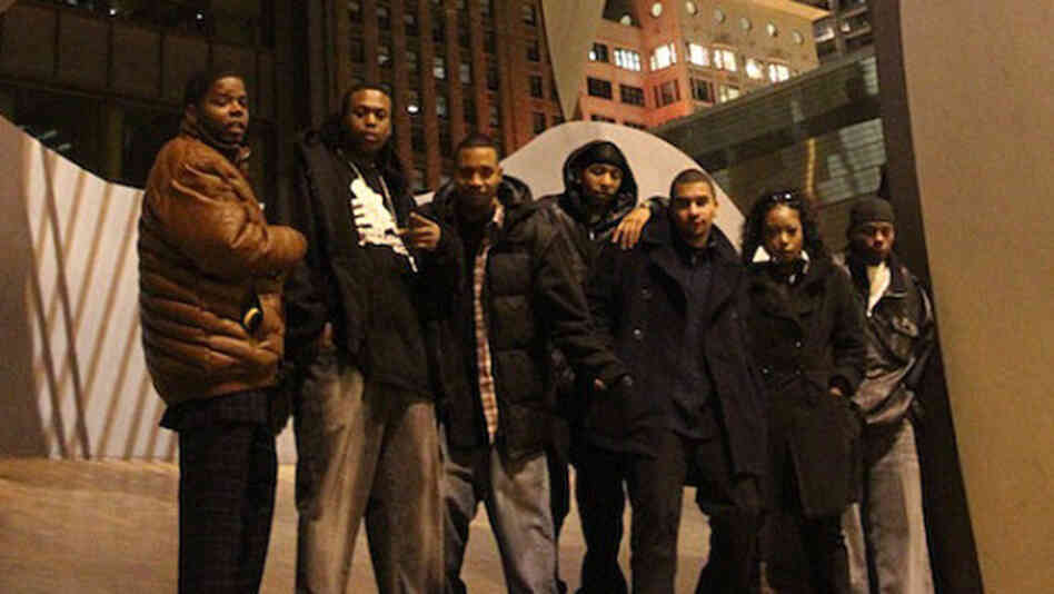 From left to  right, DJ Clent, Bobby Skillz, DJ Rashad, DJ Spinn, Gantman, Patricia  from Bang the Box and Traxman in front of the Picasso statue in Chicago.