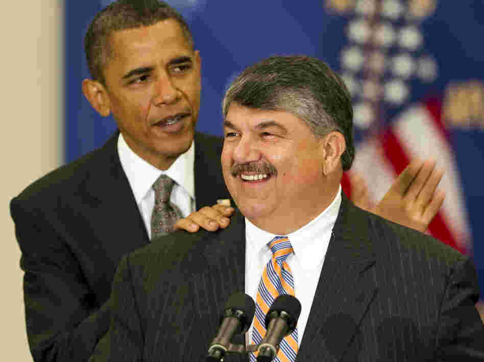 President Obama pats AFL-CIO President Richard Trumka on the back before speaking at the AFL-CIO Executive Council Meeting in Washington last August. Trumka said recently that unions need to start demanding accountability from their allies.