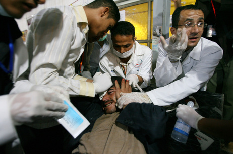 A wounded Yemeni anti-government protester receives treatment at a makeshift field hospital following clashes with Yemeni security forces during a demonstration calling for the ouster of President Ali Abdullah Saleh in Sanaa. A wounded Yemeni anti-government protester receives treatment at a makeshift field hospital following clashes with Yemeni security forces during a demonstration calling for the ouster of President Ali Abdullah Saleh in Sanaa.