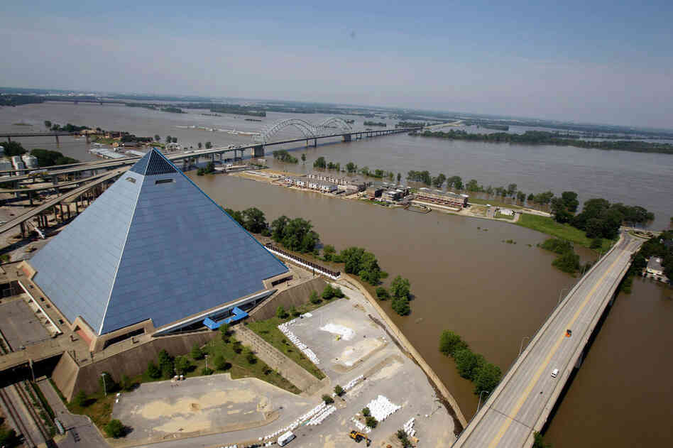 MAY 10: A flood wall protects the Pyramid Arena from the swollen Mississippi River after it crested at nearly 48 feet in Memphis, Tenn. 