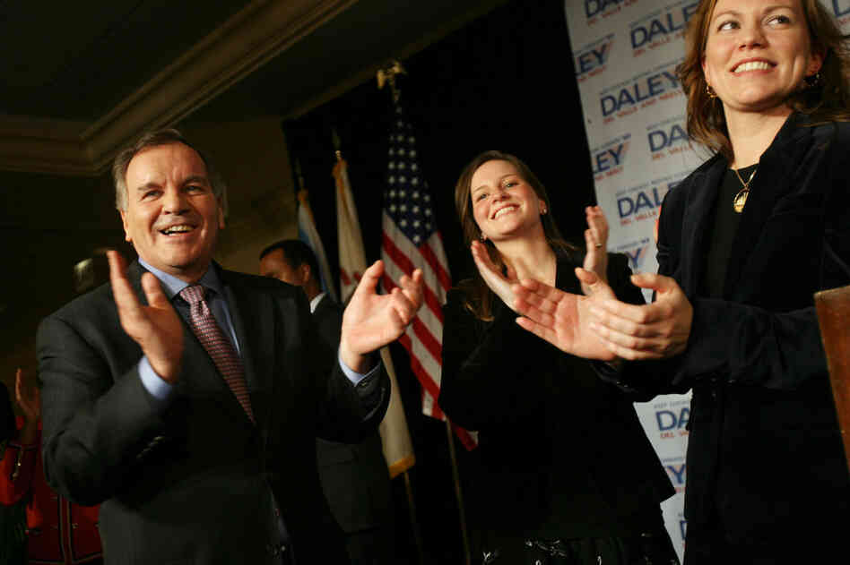 Daley celebrates with daughters Elizabeth (center) and Nora after winning a record sixth term as mayor of Chicago in February 2007. Daley, one of the most powerful mayors in recent American history, announced last fall that he would not seek a seventh term. 
