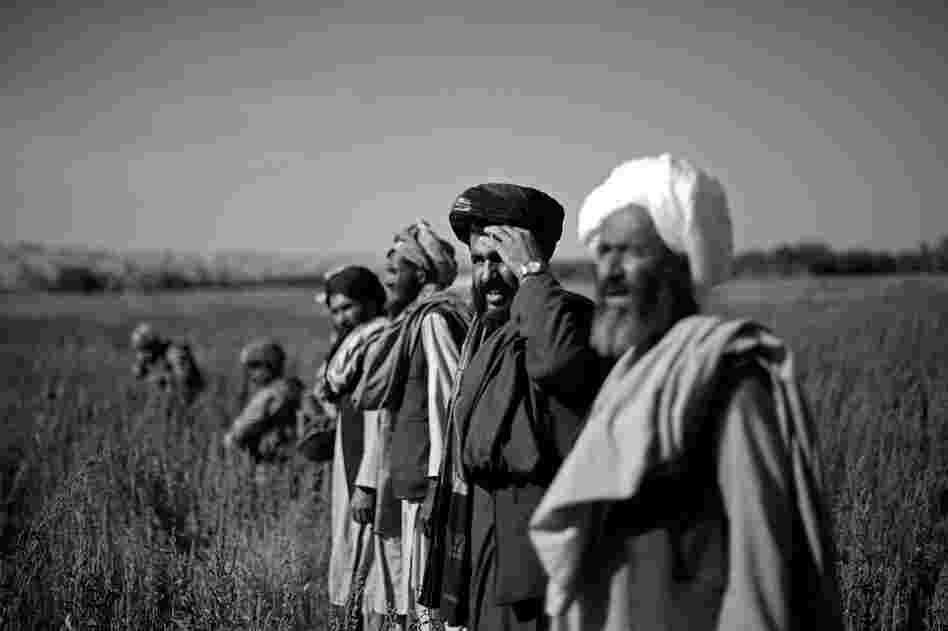 A group of Afghan farmers stand in the middle of a Marine patrol passing through the "green zone."